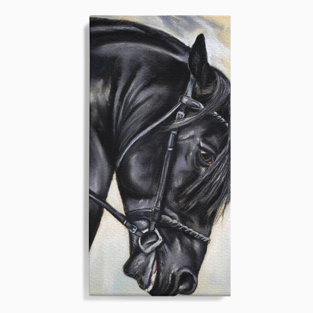 Tablou canvas cu tablou canvas cu pictura de armasar negru in profil, fara rama, pe sasiu de lemn